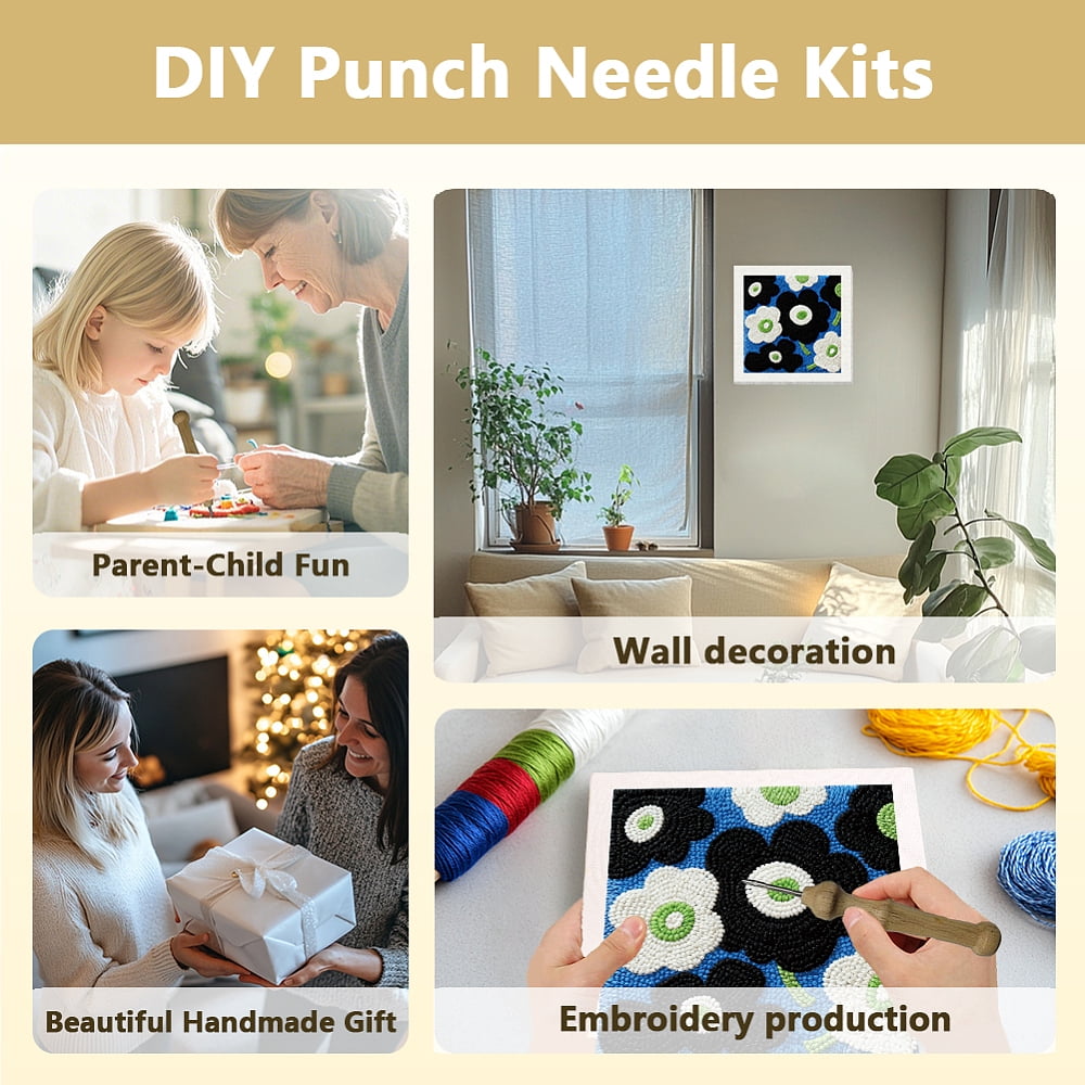 Polyester Cotton Punch Needle 4Folded Yarns Embroidery Kits Included Threader Cotton Thread Punch Needle Thread Clips 3.5MM Needle Flower Useful