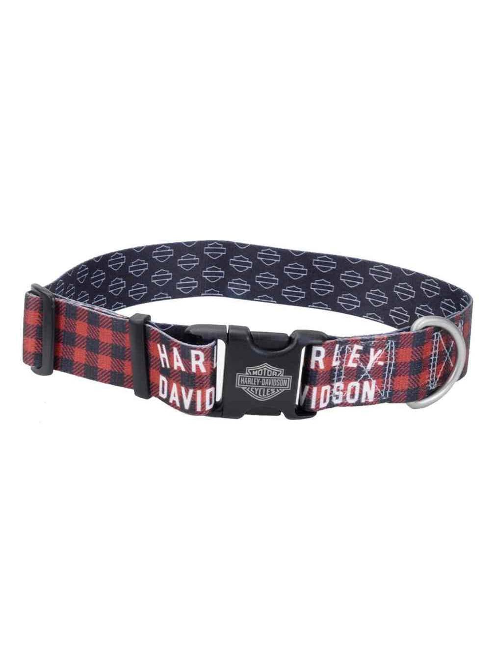 HarleyDavidson 1.5 in. Adjustable Muscle Plaid Dog Collar Large, Red