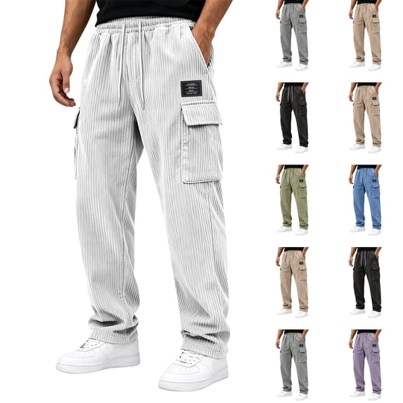 Dwellite Men's Corduroy Pants Wide Leg Baggy Cargo Sweatpants Loose Fit Casual Trousers with Multi Pocket White L