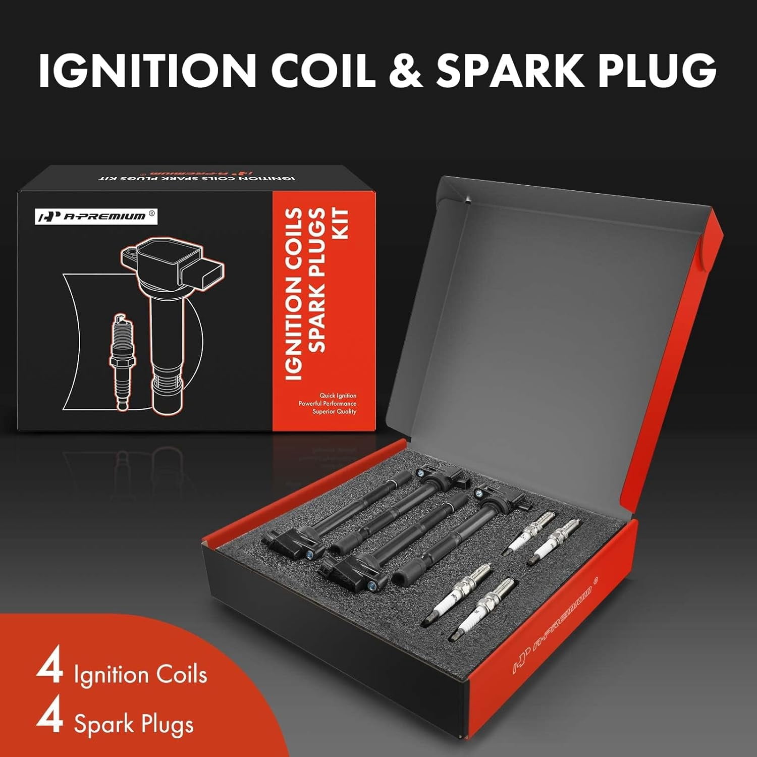A-Premium Ignition Coils and Spark Plugs Kits Compatible with Acura TSX 2009-2014 L4 2.4L, Replace# 30520RL5A01, LKR7BGPS 4-PC Set