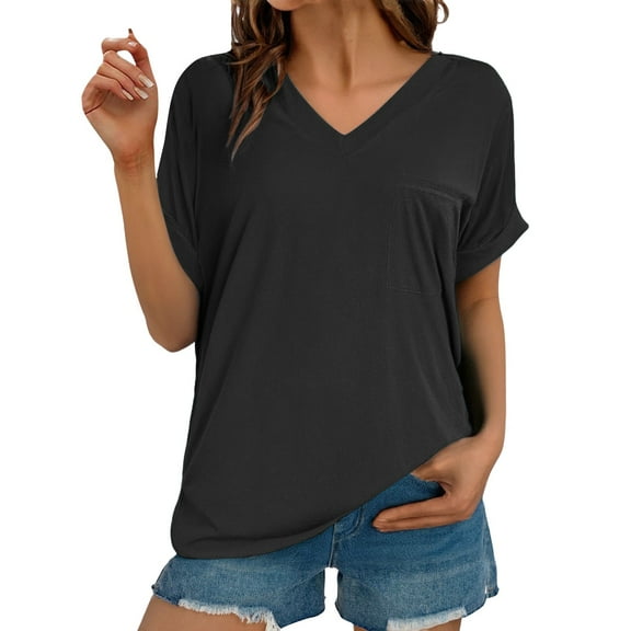 ZHENHONG T Shirts for Women,V Neck Short Sleeve Casual Stylish Top Solid Blouson Sleeve Loose Fit Shirts,Black Women Blouses