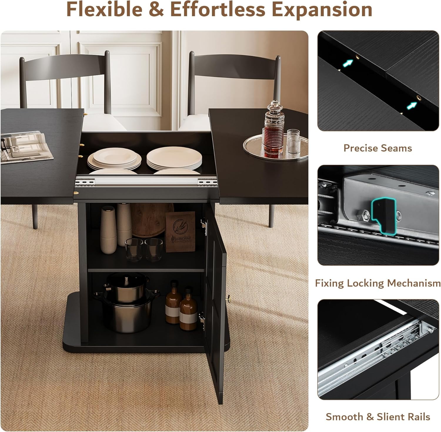 iPormis Extendable Round Dining Table for 4-6, 59'' Modern Kitchen Table with 2-Tier Storage Shelf, Wood Door, MDF Board, Space Saving Oval Dinner with Sturdy Pedestal Base, Kitchen, Dining,Black