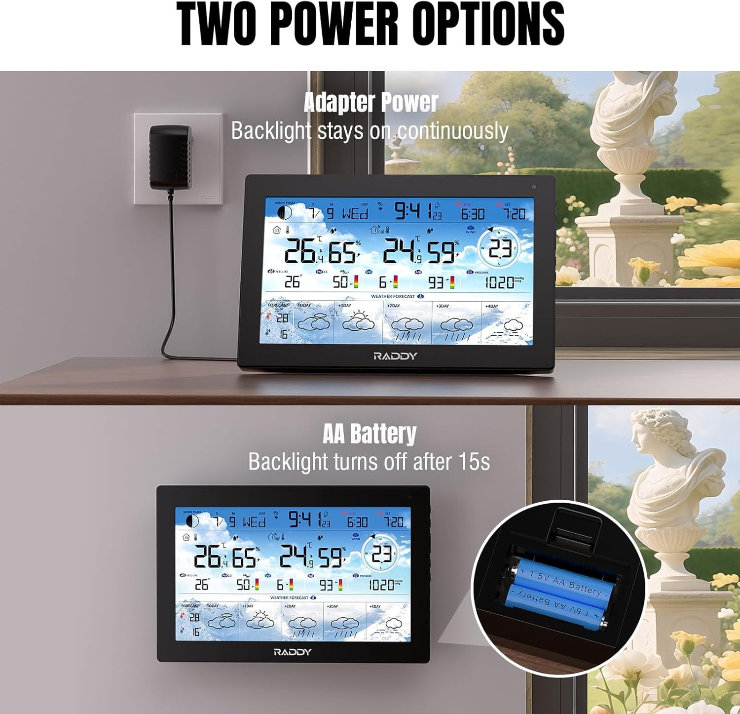 Raddy N90 Wi-Fi Weather Station with 8.8" Display, Smart App Connectivity, Indoor Outdoor Thermometer with Wireless Sensor