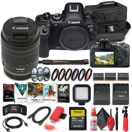 Canon EOS R6 Mark II Mirrorless Camera with 24-105mm f/4-7.1 Lens (5666C018) + 64GB Memory Card + Case + Corel Photo Software + 2 x LPE6 Battery + External Charger + Card Reader + LED Light + More