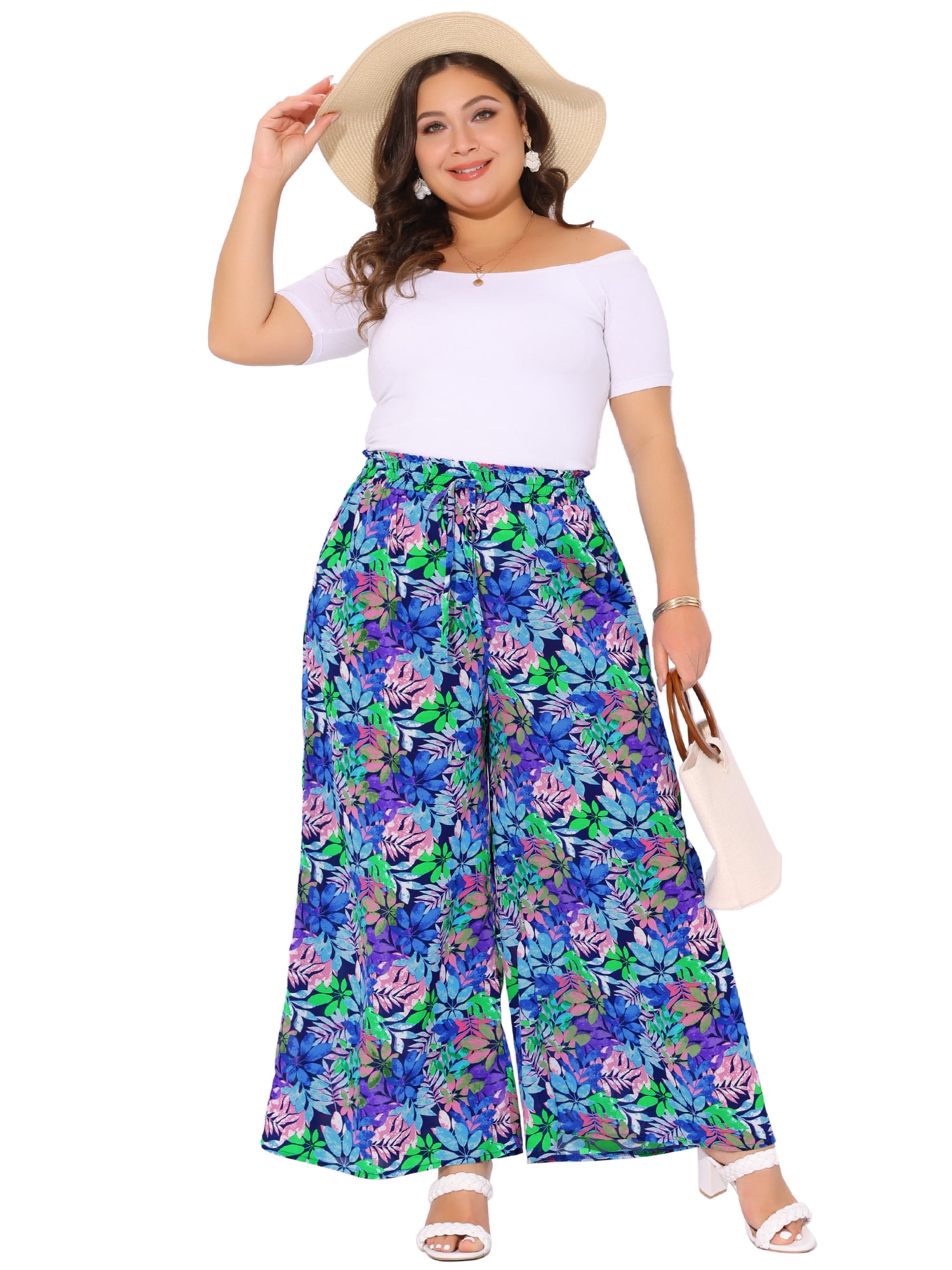 DARING DIVA Women's Plus Boho Floral Palazzo Trousers Pants 4X Dark Blue Purple