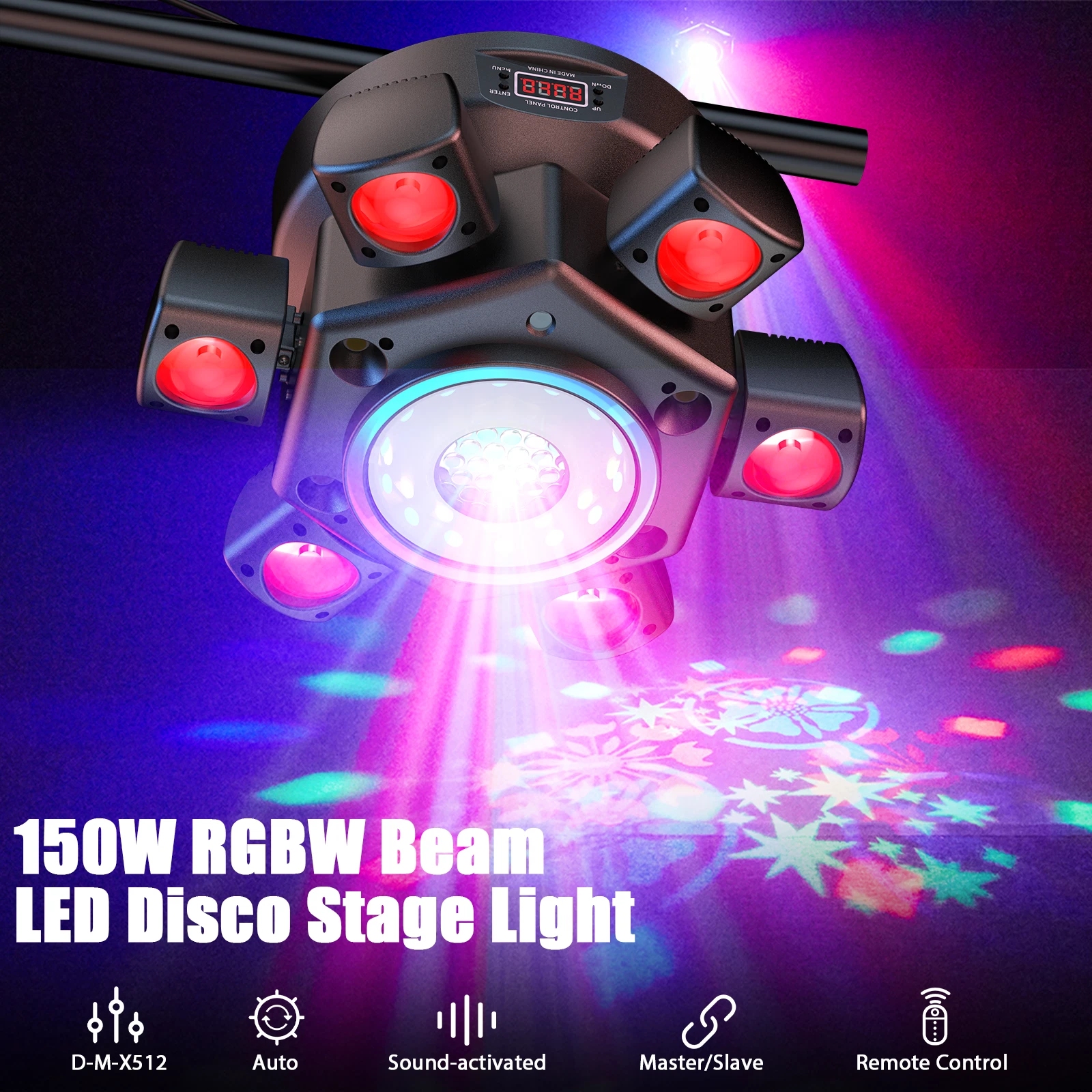 7-in-1 Moving Head DJ Light with 6 RGBW Arms, 36 Lighting Effects & DMX Control, Sound Activated Party Lighting for Disco Club Wedding Stage Bar Events