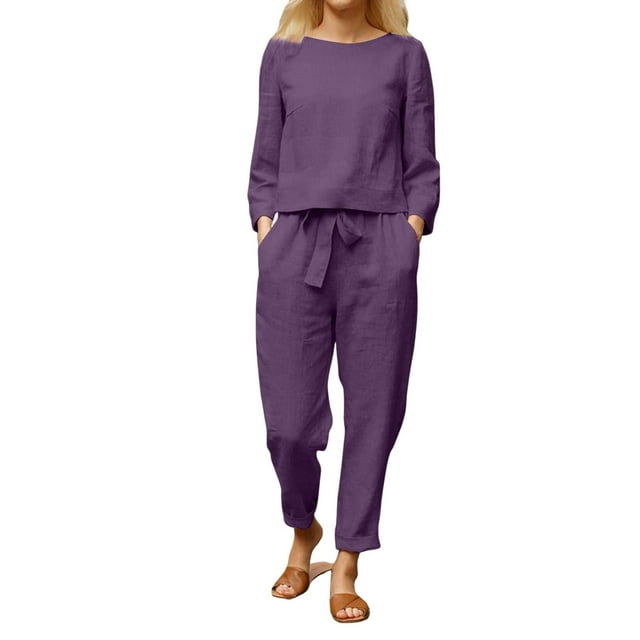 ManxiVoo Women's Long Sleeve Two Piece Set Comfortable Linen Blend Lounge Wear For Everyday M Size Purple