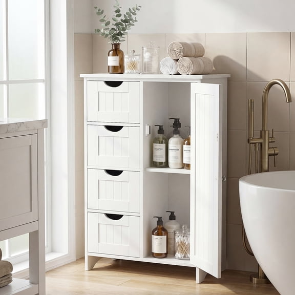 Furmax Wooden Bathroom Floor Cabinet with 4 Drawers, 1 Adjustable Shelf & 1 Cupboard，Side Storage Organizer Storage Cabinet for Bathroom, Entryway, White