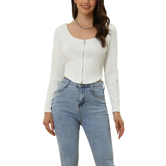 MODA NOVA Juniors Casual Crop Tops V Neck T-Shirt Long Sleeve Zipper Cropped Tee Shirts White M