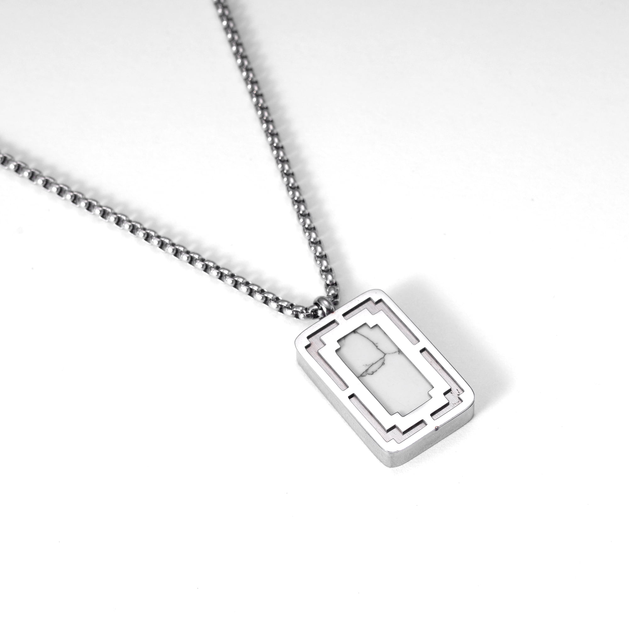 Iron Saints Men White Marble Stone Pendant Necklace, Stainless Steel, Natural Gems Men Jewelry