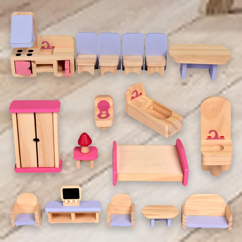 112 Scale Doll House Miniature Wood Chair Bed Desk Furniture Set Toy