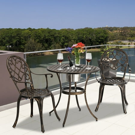 French Style Bistro Set European Style Cast Aluminum Outdoor 3 Piece Patio Bistro Set of Table and Chairs with Ice Bucket Bronze ()