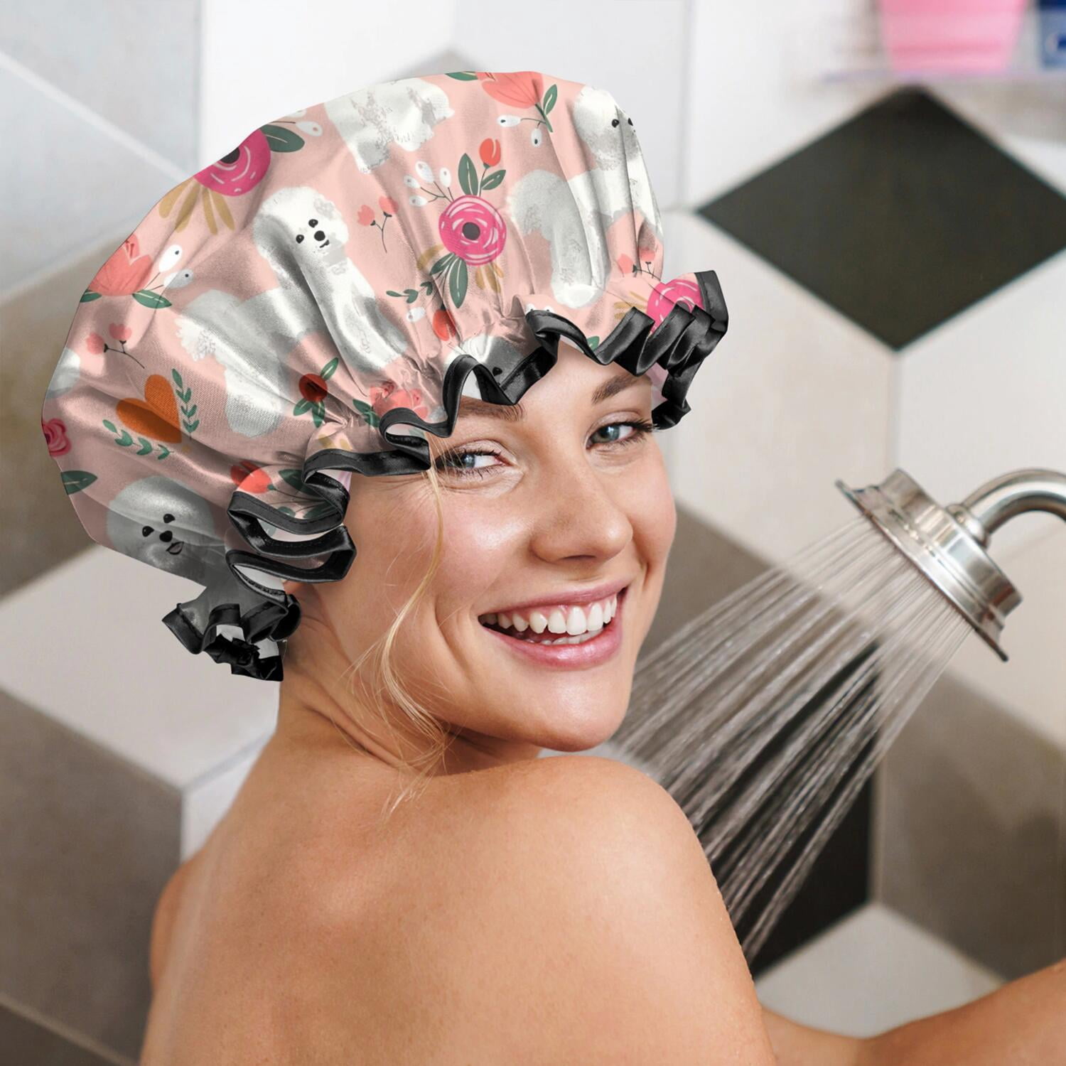 Shower Caps,Pink Bichon Frise and Flower Waterproof Shower Cap for Women 4 Pieces,Double Reusable Hair Cover for Shower PEVA Elastic Stretch Hem
