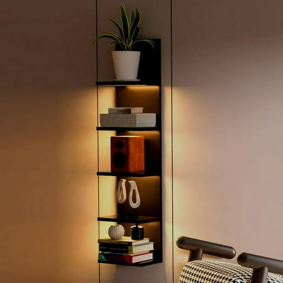 Homaterial 5 Tier Wall Shelf Unit Wall Mount Vertical Lack Shelf with Light Modern Column Shelf Floating Floating Shelf Wall Decor Shelves for Bedrooms Living Rooms Vanity(Black)