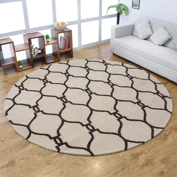 Rugsotic Carpets Hand Tufted Wool Eco-Friendly 8'x8' Area Rugs Round Beige Brown Geometric Modern High Pile Thick Handmade Anti Skid Indoor Rug for Living Room, Bedroom K01004
