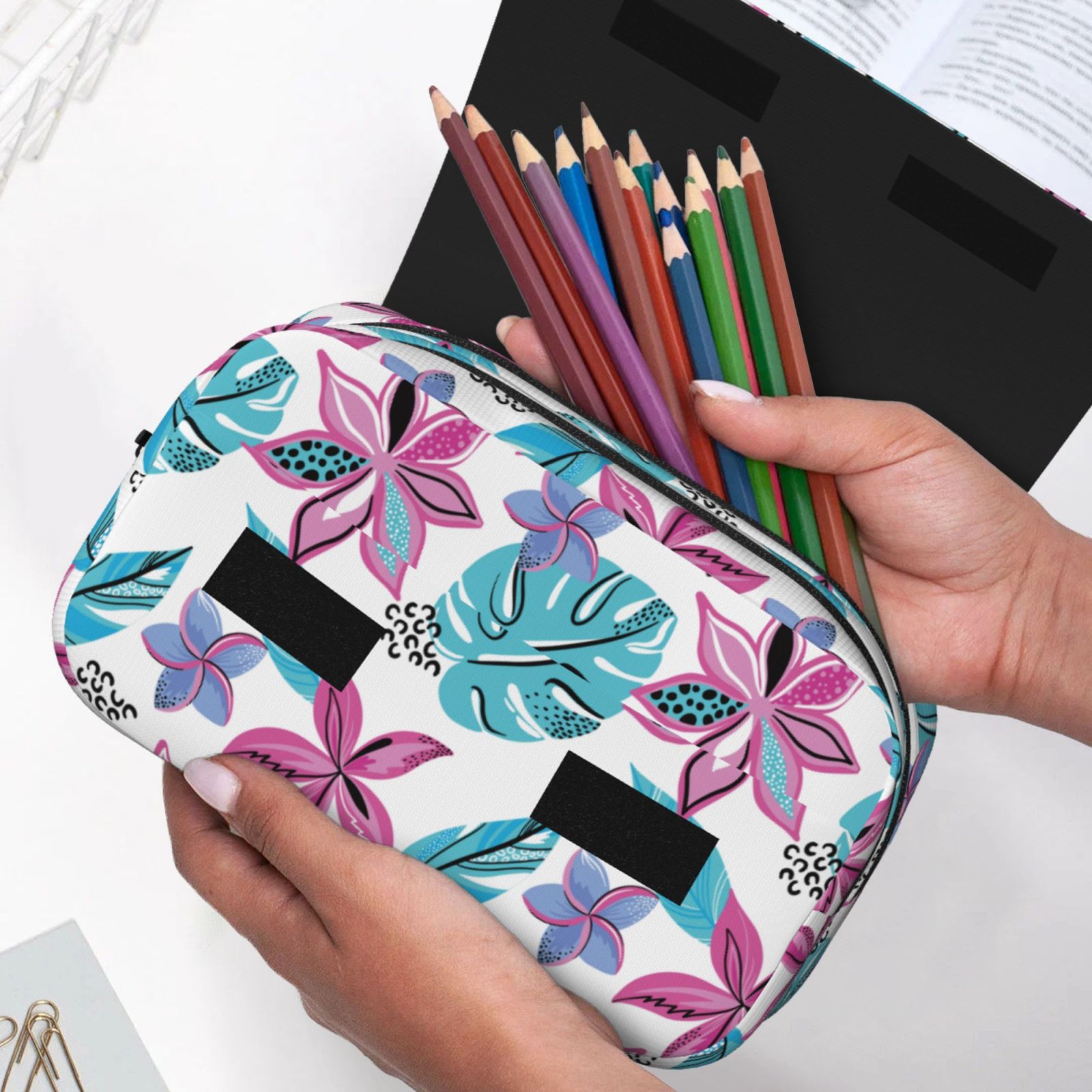 Rateoe Hawaiian Style Pattern Double Clamshell Pen Case, Storage Organizer with Two Zipper Compartments– Holds Up to 50 Pencils & Pens