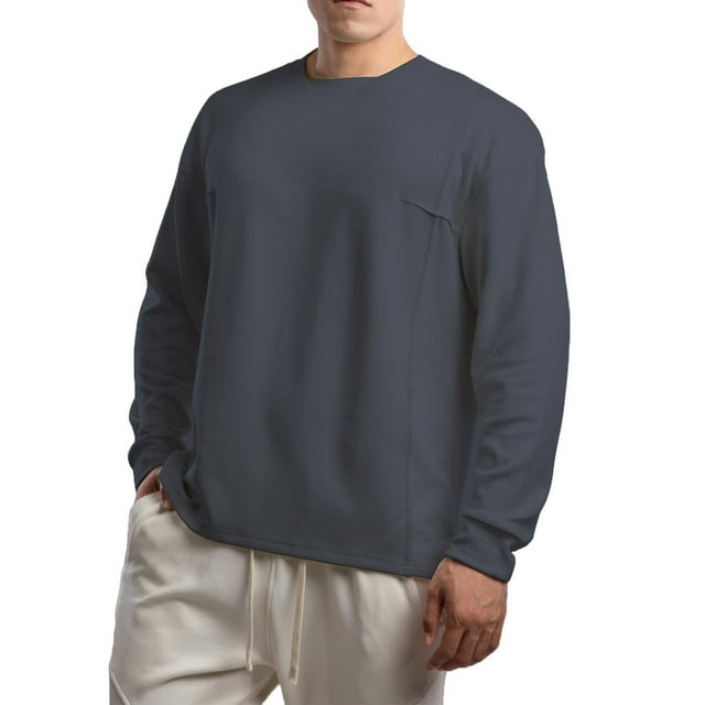 Blusas y camisas de manga larga y cuello redondo para hombre, color liso, deportivas, informales, de manga larga, sudadera gruesa con cuello redondo para gimnasio, uso diario, blusas versátiles a jueg