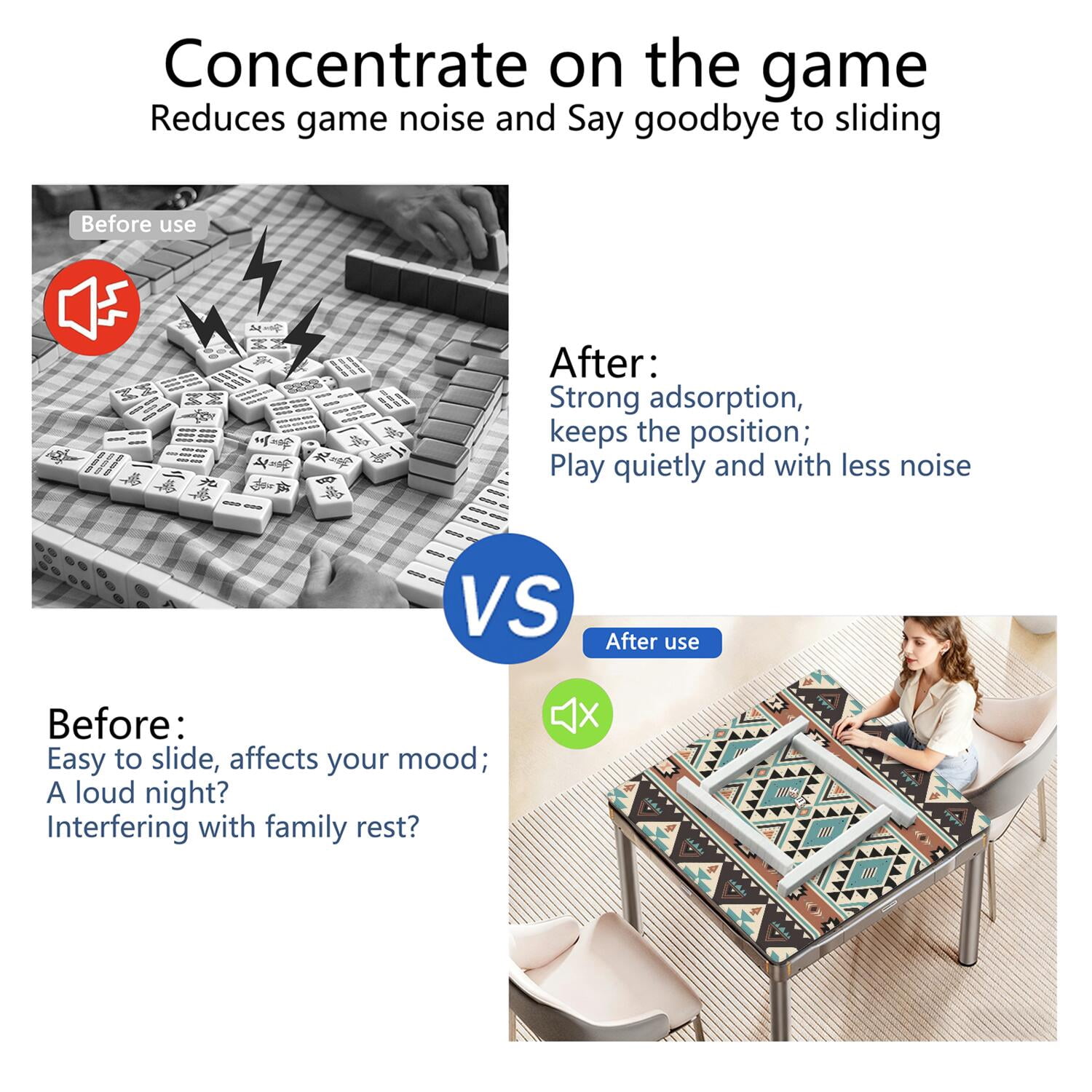 Boho Pattern Large Rubber Game Table Topper 31.5 Inch Square Mahjong Mat with Non-Skid Bottom for Stability and Noise Reduction for Tiles and Cards