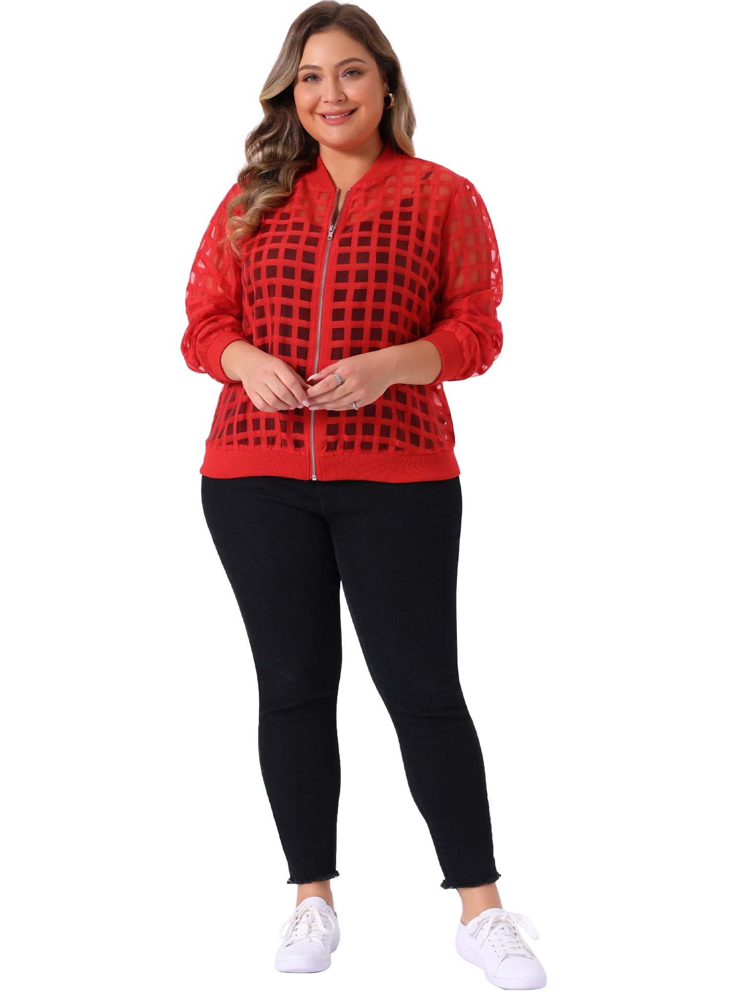DARING DIVA Women's Plus Size Mesh Sheer Zip Up Bomber Jacket 2X Red