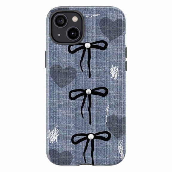 Cute Denim Bow Phone Case, Blue Heart & Ribbon Pearl Design, Girly Soft Aesthetic Protective Cover for iPhone 17 16 15 14 13 12 11 Pro Max Plus Mini