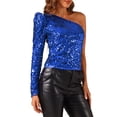 thumbnail image 4 of INSPIRE CHIC Women's Top Sequin One Shoulder Puff Long Sleeve Cocktail Party Shimmer Sparkly Tops M Blue, 4 of 5
