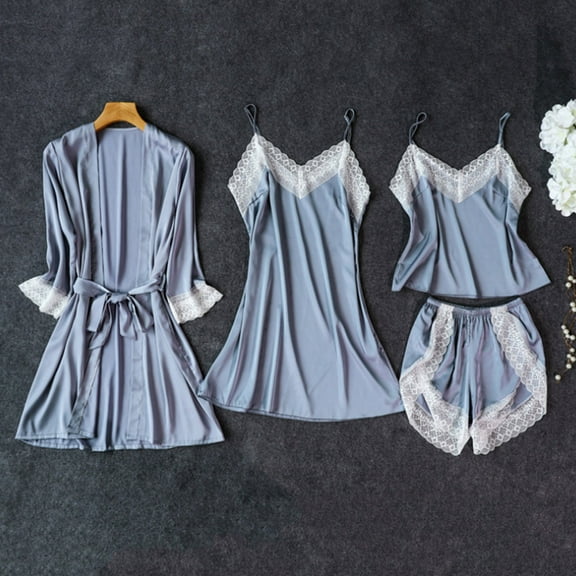 BeaUTT Pajamas for Women Pants Set Women's Satins Silk Nightwear Lace Tank Tops Shorts Robe Dress Four-Piece Pajamas Sets Blue XXL