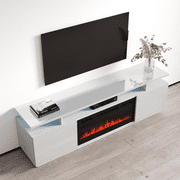 Eva-KBL Fireplace TV Stand for TVs up to 80, Modern High Gloss 71 Entertainment Center, Electric Fireplace TV Media Console with Storage Cabinets and LED Lights