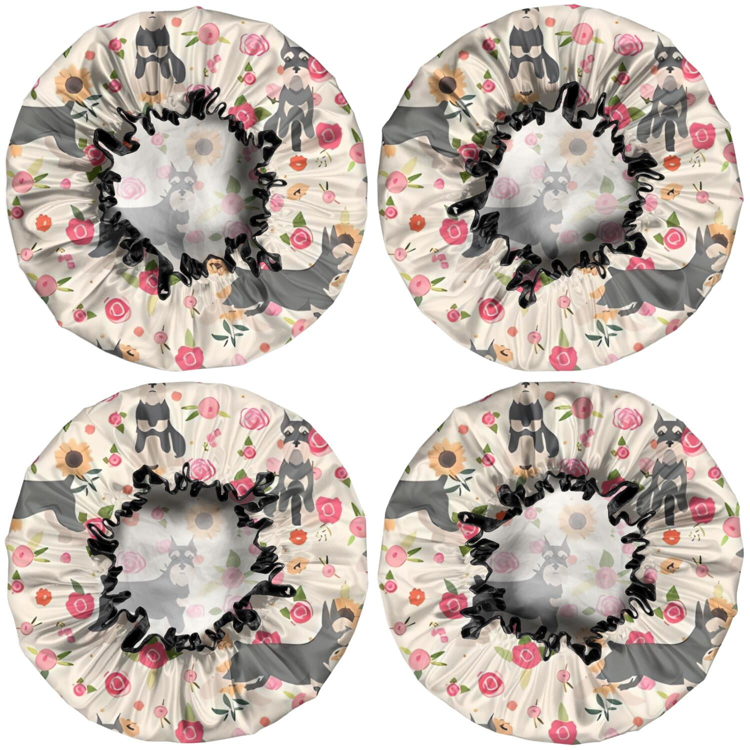Shower Caps,Schnauzer Dog and Pioneer Flower Waterproof Shower Cap for Women 4 Pieces,Double Reusable Hair Cover for Shower PEVA Elastic Stretch Hem