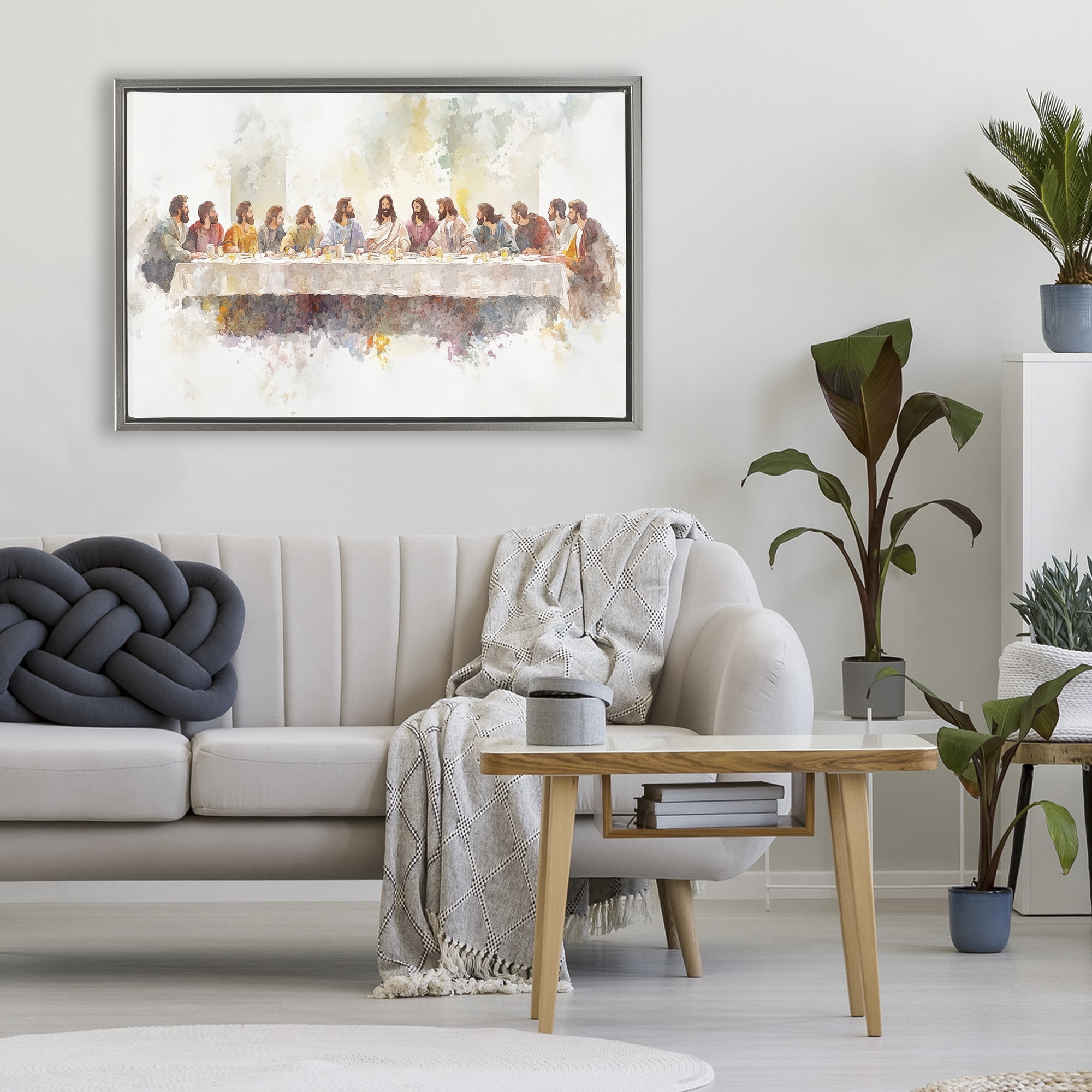 Stupell Industries Watercolor Supper Spirituality Gray Framed Floater Canvas Wall Art, design by Petal Prints Design