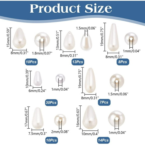 92 Pcs Tear Drop Pearl Beads 8 Styles Creamy White Teardrop Shape Beads ABS Plastic Imitation Pearl Beads Loose Spacer Beads for DIY Craft Jewelry Making