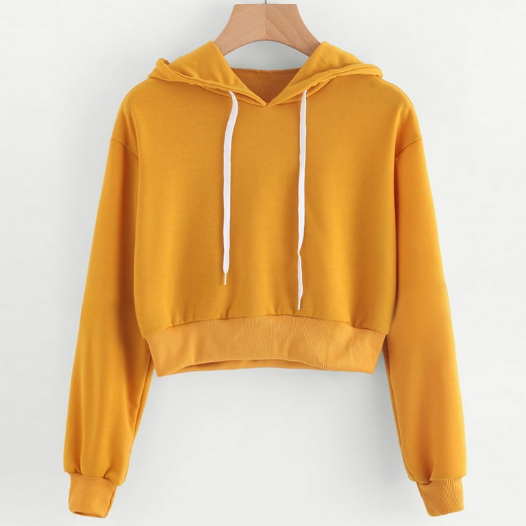 iOPQO crop tops for women Women Drawstring Crop Sweatshirt Crop Top Hoodie Pullover Top Blouse Long Sleeve Crew Neck Crop Yellow S