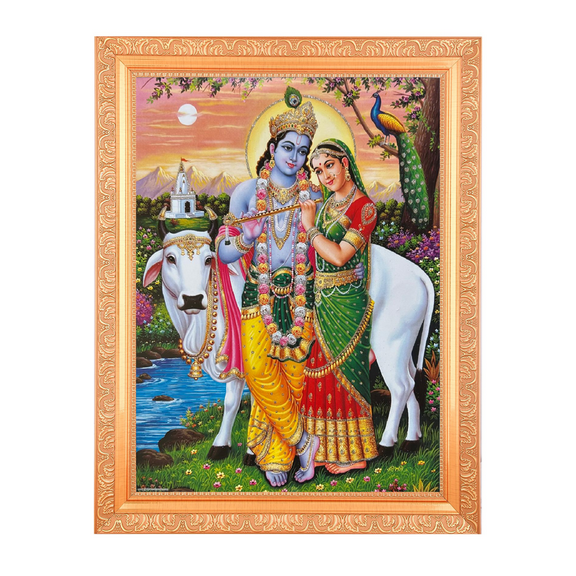 Vintage Design Radha Krishna Zari Art Print Elegant Photo In Golden Artwork Frame 11 x 14 Inch) OR (27.94 X 35.56 Cm) Religious Gifting