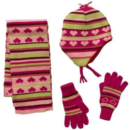 Girls' 4-Piece Heart-Stripe Scarf, Beanie and Gloves