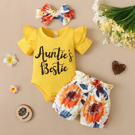 

Hunpta Infant Girls Short Sleeve Letter Printed Ribbed Romper Bodysuits Floral Printed Shorts Headbands Newborn Outfits
