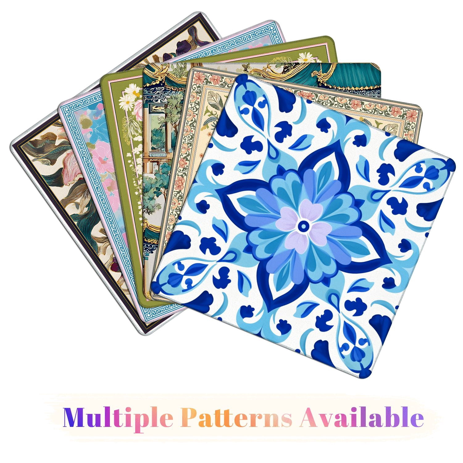 Mahjong Mat 31.5" x 31.5" Blue Floral Tile Symmetrical Design Decorative Motifs Non-Slip Noise Reduction American Mahjong Tiles Table Cover for Dominoes Poker Card Board Games Gift