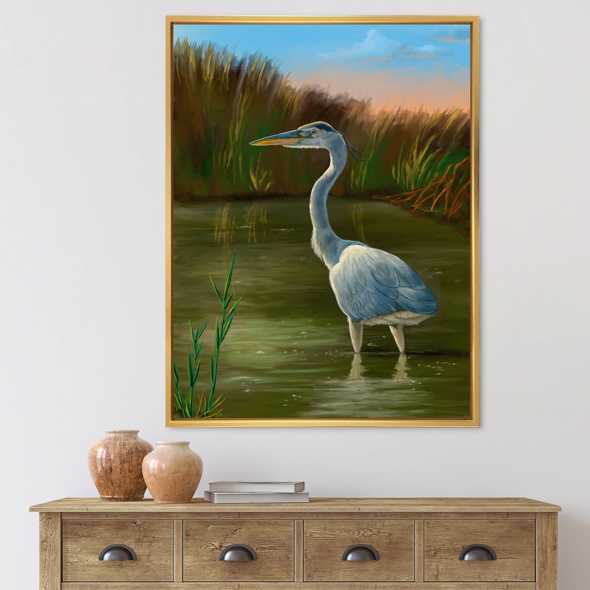 Designart 'Blue Heron Wetland Bird on The Lake Shore' Traditional Framed Canvas Wall Art Print