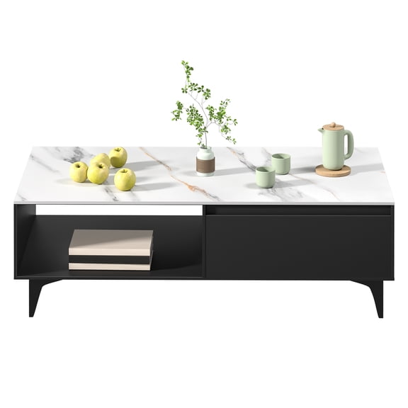Meoldis Lift Top Coffee Table with Storage - White Modern Wood Center Table, Hidden Compartment & Open Shelf for Living Room, Apartment