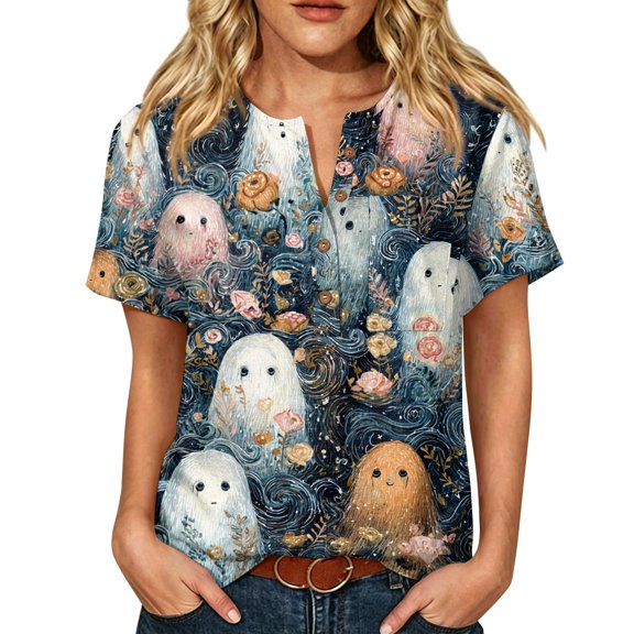 JULMCOMO Halloween Shirts for Women Cotton Linen Funny Witch Pumpkin Ghost Print Henley Trendy Tunic Tops Holiday Costume Graphic Tees White S