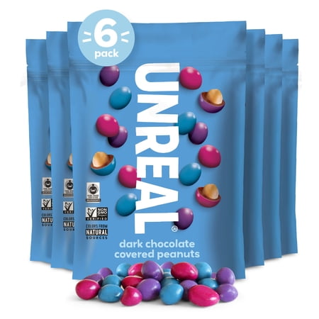 UNREAL Dark Chocolate Peanut Gems - Certified Vegan Fair Trade Non-GMO - Made with Gluten-Free Ingredients and Colors from Nature - No Sugar Alcohols or Soy - 6 Bags