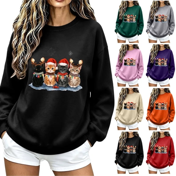 Women's Christmas Cat Graphic Sweatshirt Crew Neck Long Sleeve Casual Pullover Top