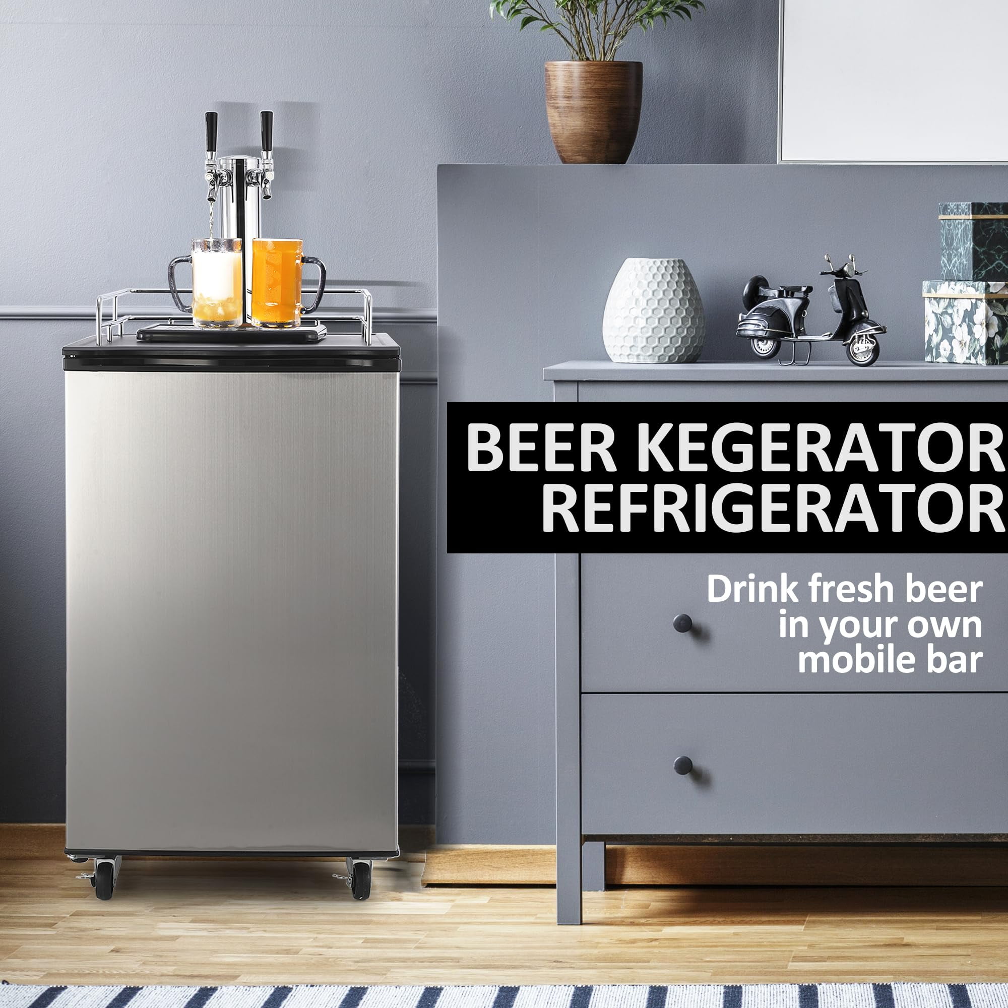 Kselythan Beer Kegerator, Dual Tap Draft Beer Dispenser & Universal Beverage Cooler Full Size Keg Refrigerator With Shelves Stainless Steel Drip Tray & Raill