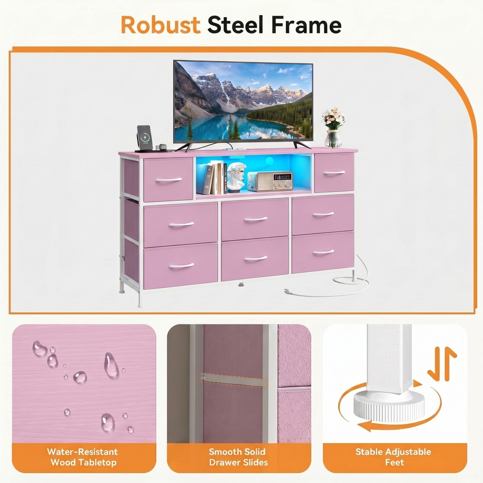 BEAUTYPEAK TV Stand Dresser with 8 Fabric Drawers LED Light Open Shelf AC & USB-C Charging Station, Pink