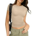 thumbnail image 2 of Short Sleeve Short Sleeve Crop Tops For Women Cute Juniors Y2k Cute Basic Tee Teen Girls Fashion Thermal Athletic Tight Shirt Outfit Layering Slim Fitted Crew Neck Tops Khaki M, 2 of 7