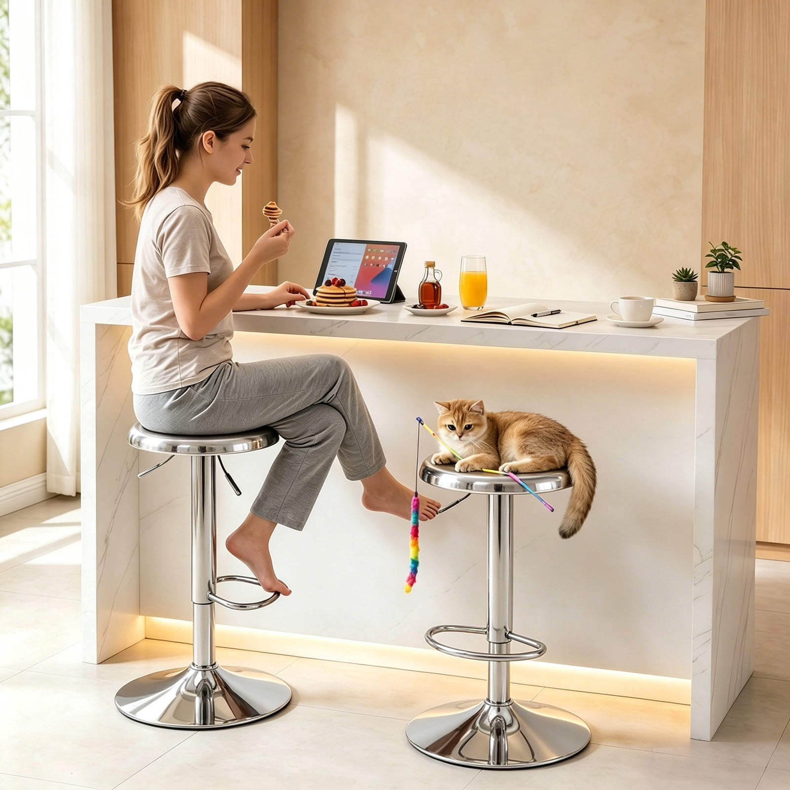 Single Silver Bar Stool, Adjustable 360° Swivel Counter Height Bar Stool, Industrial Backless Metal Bar Chair for Kitchen Island with Footrest