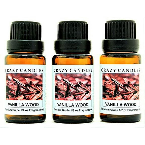 Crazy Candles Vanilla Wood 3 Bottles 1/2 Fl Oz Each (15ml) Premium Grade Scented Fragrance Oil (Sweet Vanilla with top Notes of Oak and Sandalwood.)