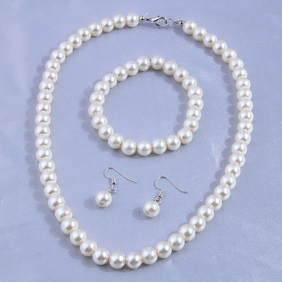 1set Round Plastic Imitation Pearl Beaded Necklaces & Dangle Earring & Bracelets sets Alloy Jewelry sets for Women White 400mm