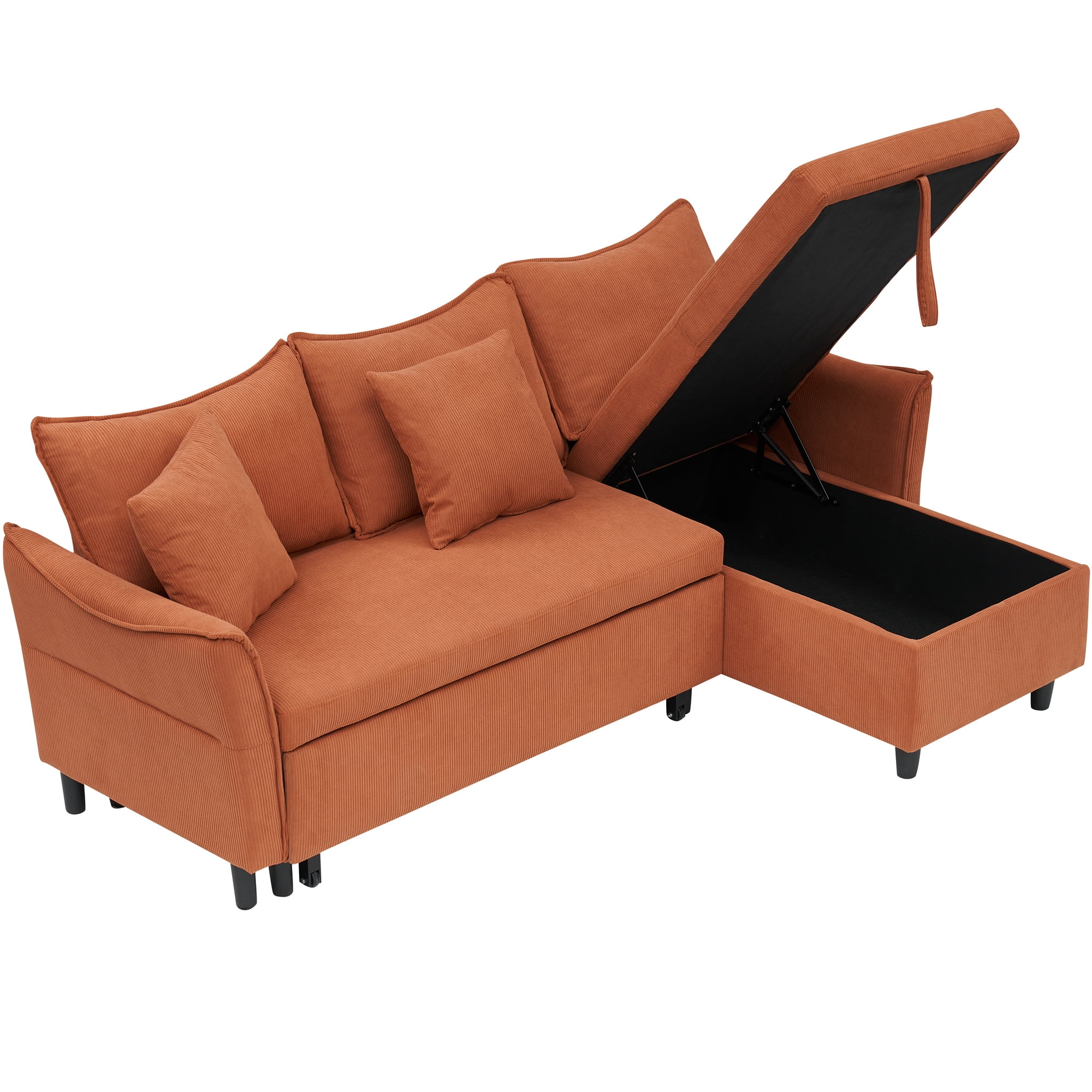 Aukfa 80" Sofa Bed Couch Pull Out Sofa Bed with Storage Chaise, 2 Pillows, Corduroy, Orange