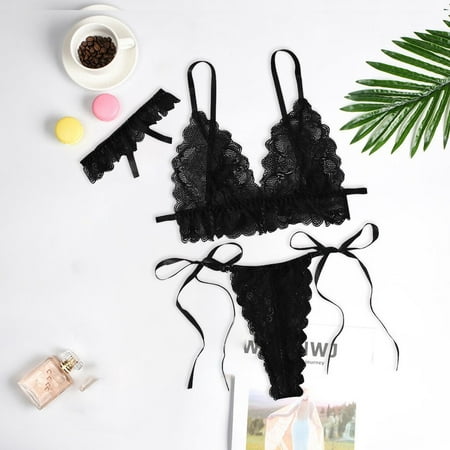 

Ykohkofe New Lace 3-Pc Bandage Lingerie Women Underwear Sleepwear Wireless Bra G-string