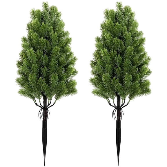 Vjnyvs 2 Pack Artificial Pine Needle Trees with Ground Spike, Mini Evergreen Decor for Garden Porch