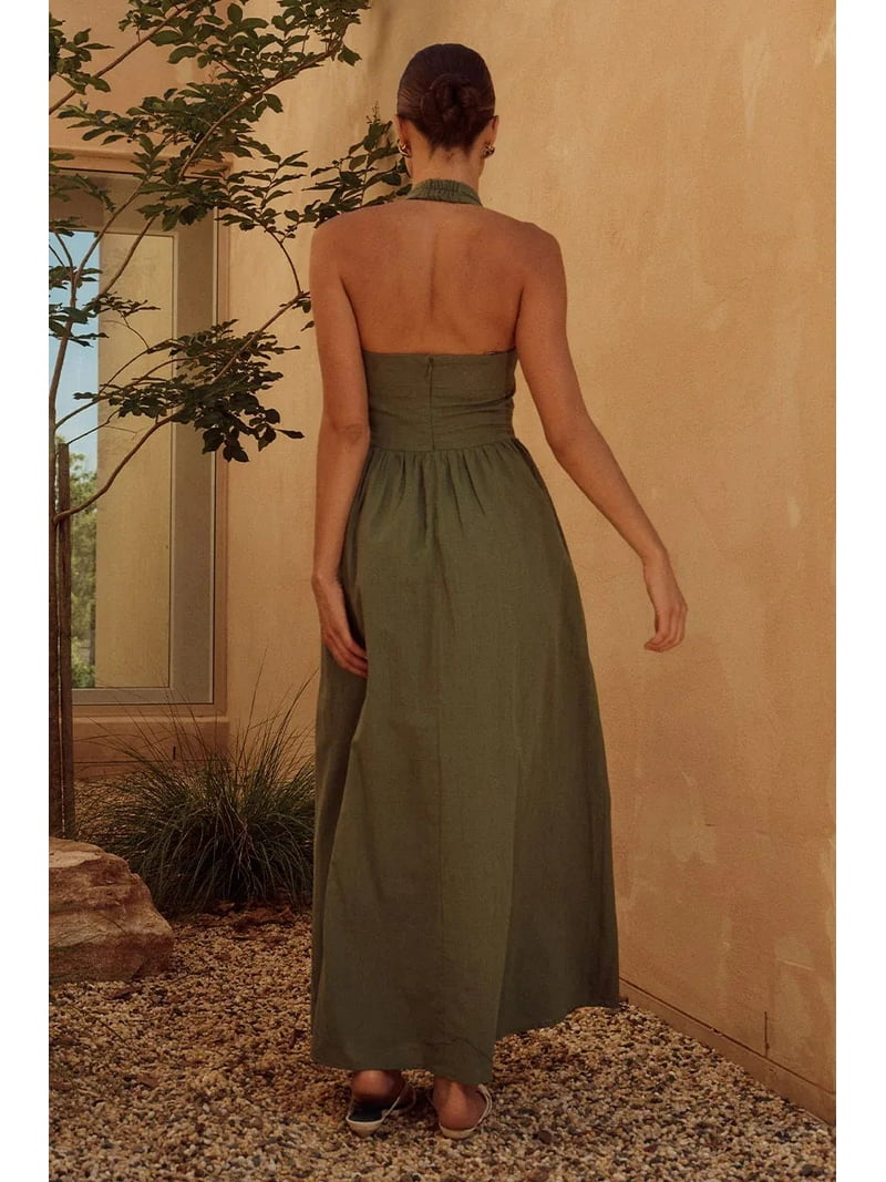 Rulvian Women's Halter Neck Maxi Dress with Pockets One hundred percent polyester fabric comfy and chic ideal for sunny days, Size: Large